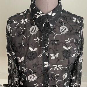 SonYa Ratay sheer floral embroidered collared button up shirt